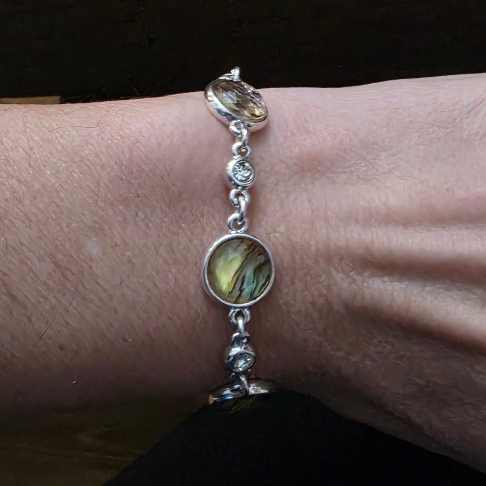 Silver Tone Link Bracelet Abalone Shell Clear Crystal Accents Lobster Clasp